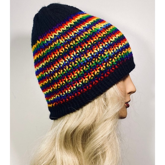 Hand made Black and rainbow reversible beanie - Picture 1 of 4